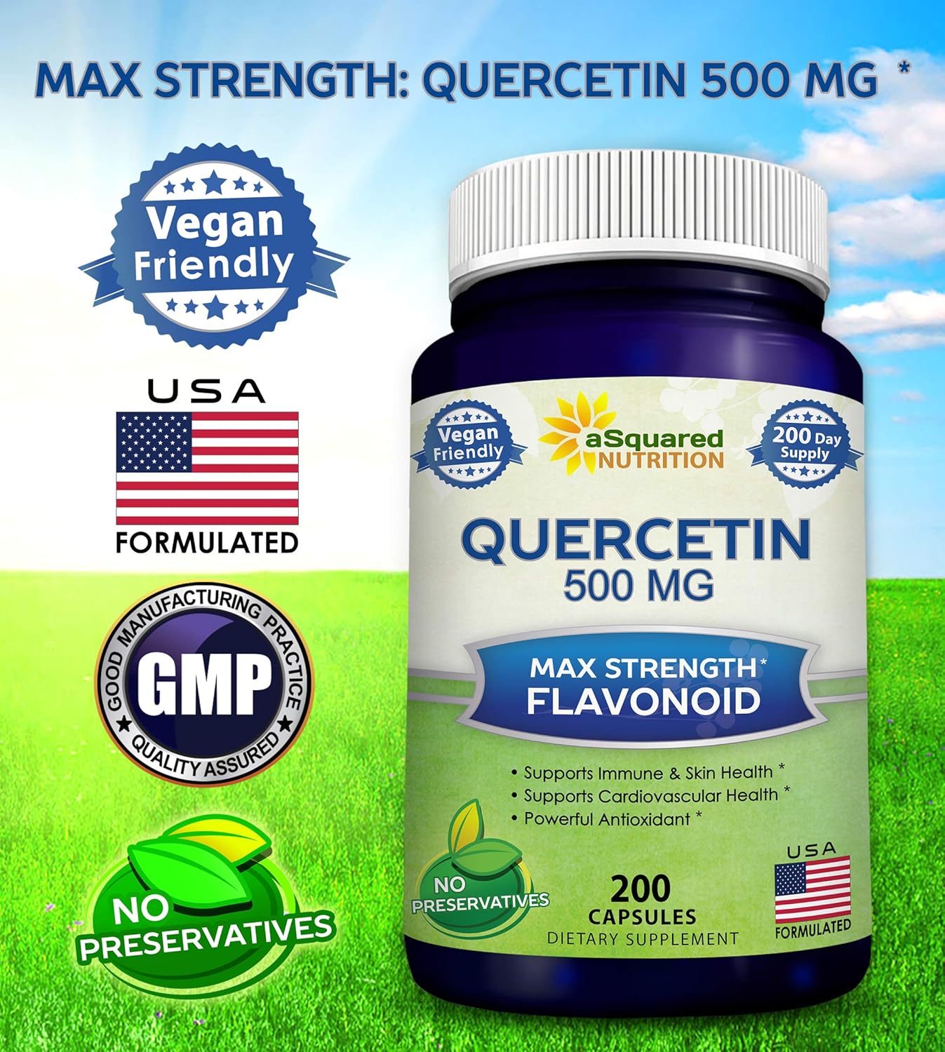 Quercetin 500mg Supplement - 200 Capsules - Quercetin Dihydrate to Support Cardiovascular Health - Max Strength Powder Complex Pills to Help Improve Anti-Inflammatory & Immune Response: Health & Personal Care