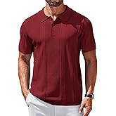COOFANDY Mens Knit Polo Shirts Short Sleeve Textured Button Down Polo Shirt Cuban Guayabera Summer Beach Shirts