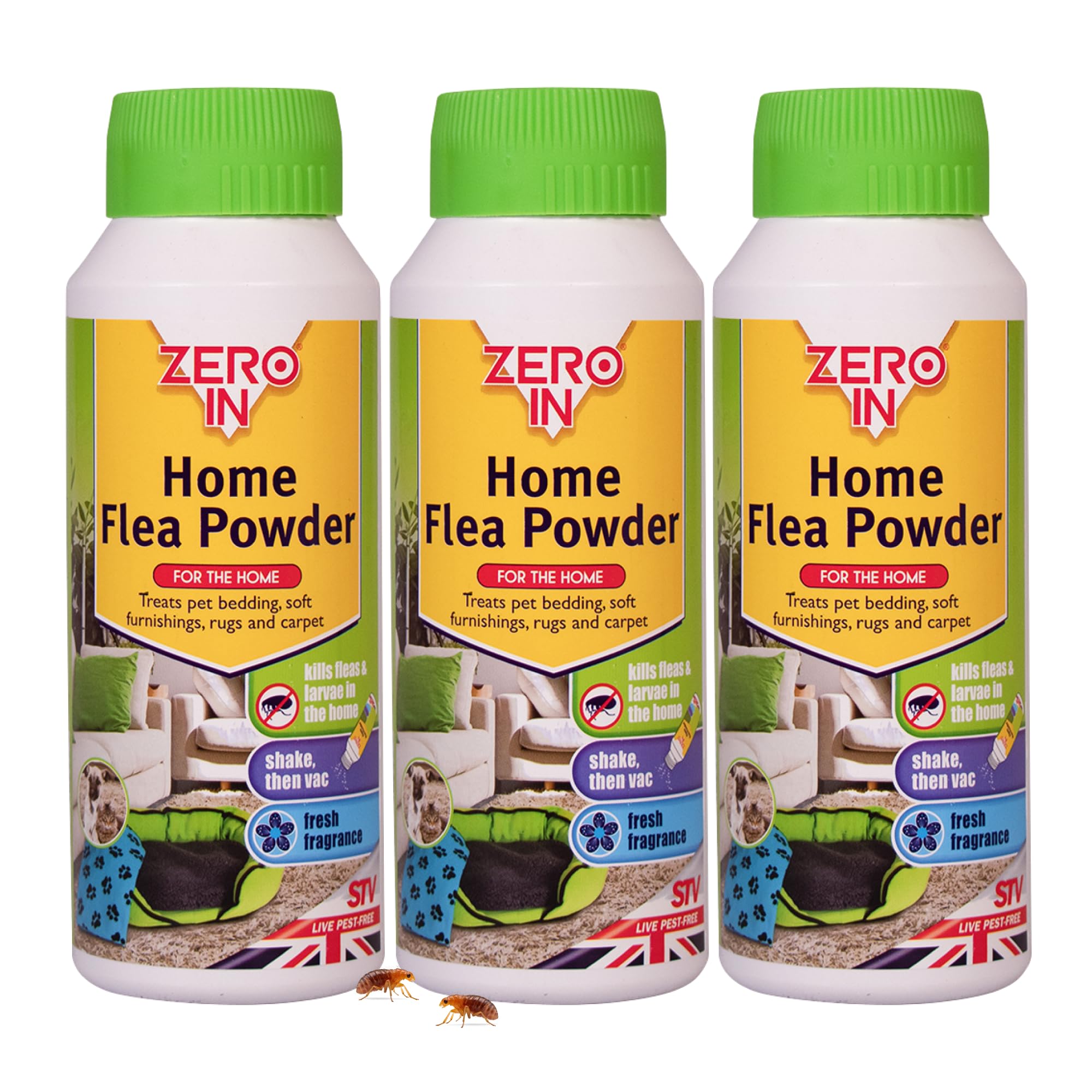 Zero In Home Flea Powder - Flea Treatment for House, Kills Fleas & Larvae, Absorbs Odours - Carpets, Rugs, Furniture & Pet Bedding – Fresh Aroma, 10m² Coverage, Wood Floor Safe - 300g x 3 Multi-Pack