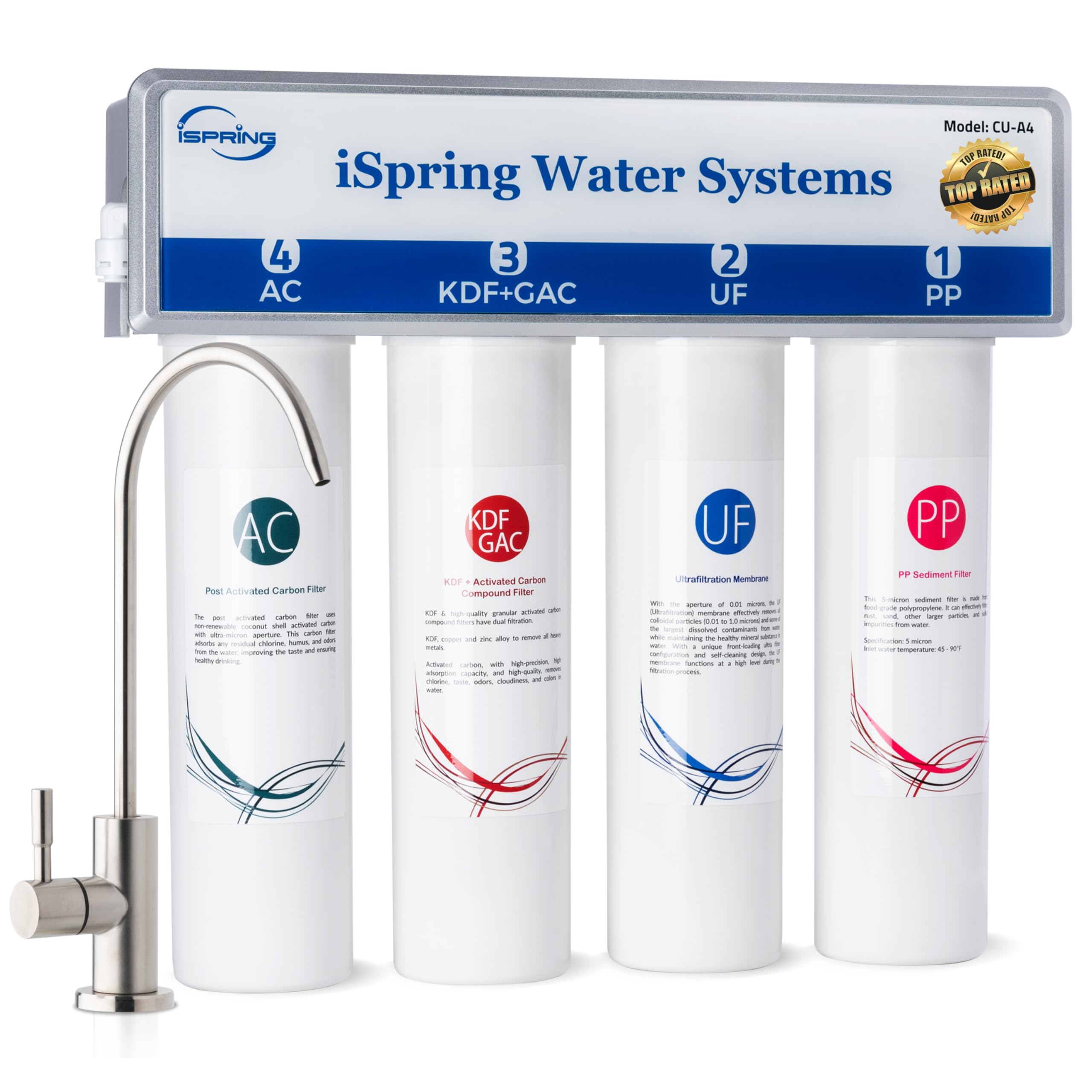 iSpring CU-A4 0.01μm Ultra-Filtration Under Sink Water Filter System, Tankless 4-Stage High Capacity, Remove 99.99% Contaminants, Quick Filter Change with Brushed Nickel Faucet, White Image