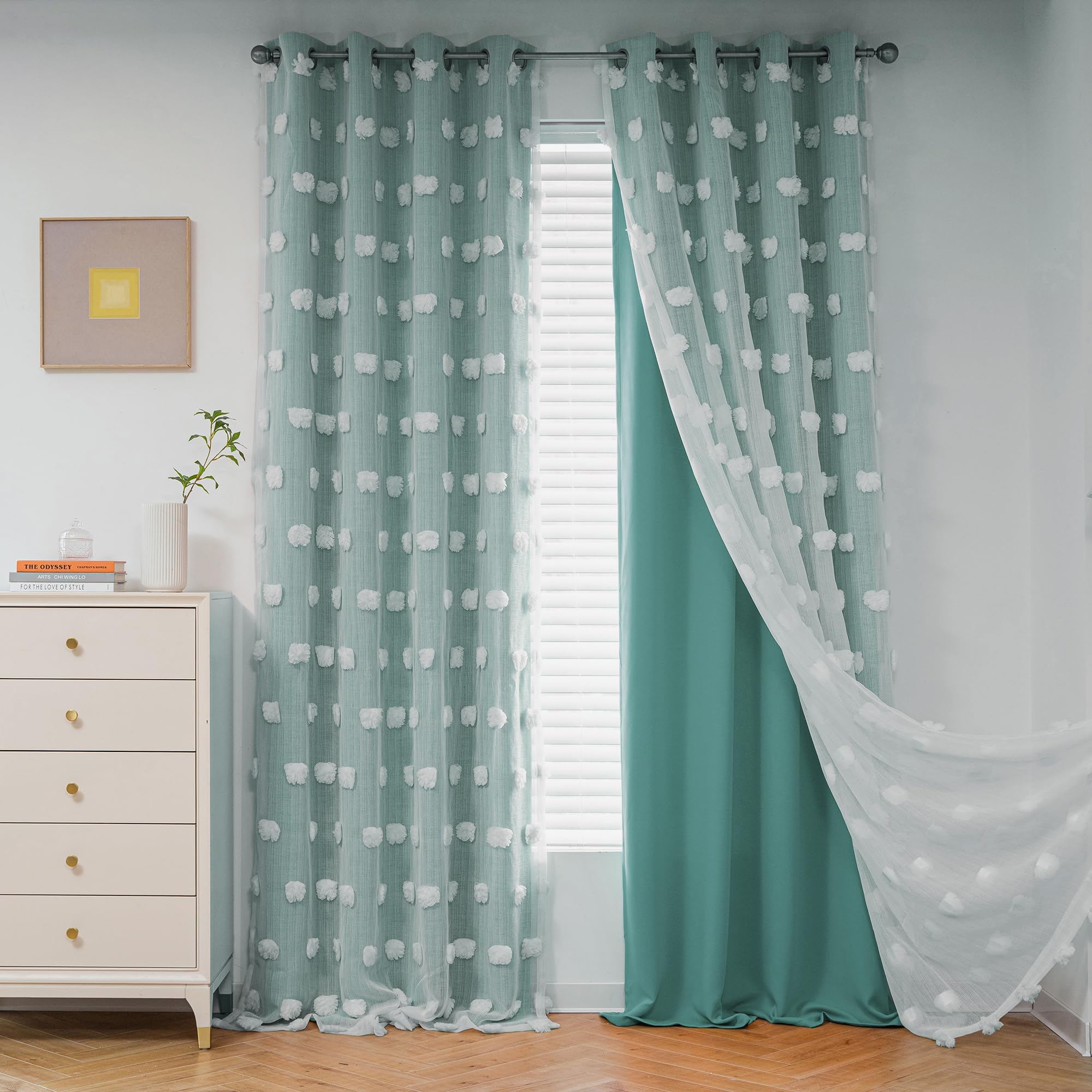 Photo 1 of MYSKY HOME Teal Living Room Curtains Kids Curtains for Boys Bedroom 84 Inches Long Double Layer Curtains for Kids Room Darkening Grommet White Pom Pom Sheer Blackout Curtains 52 x 84 Inch 2 Panels