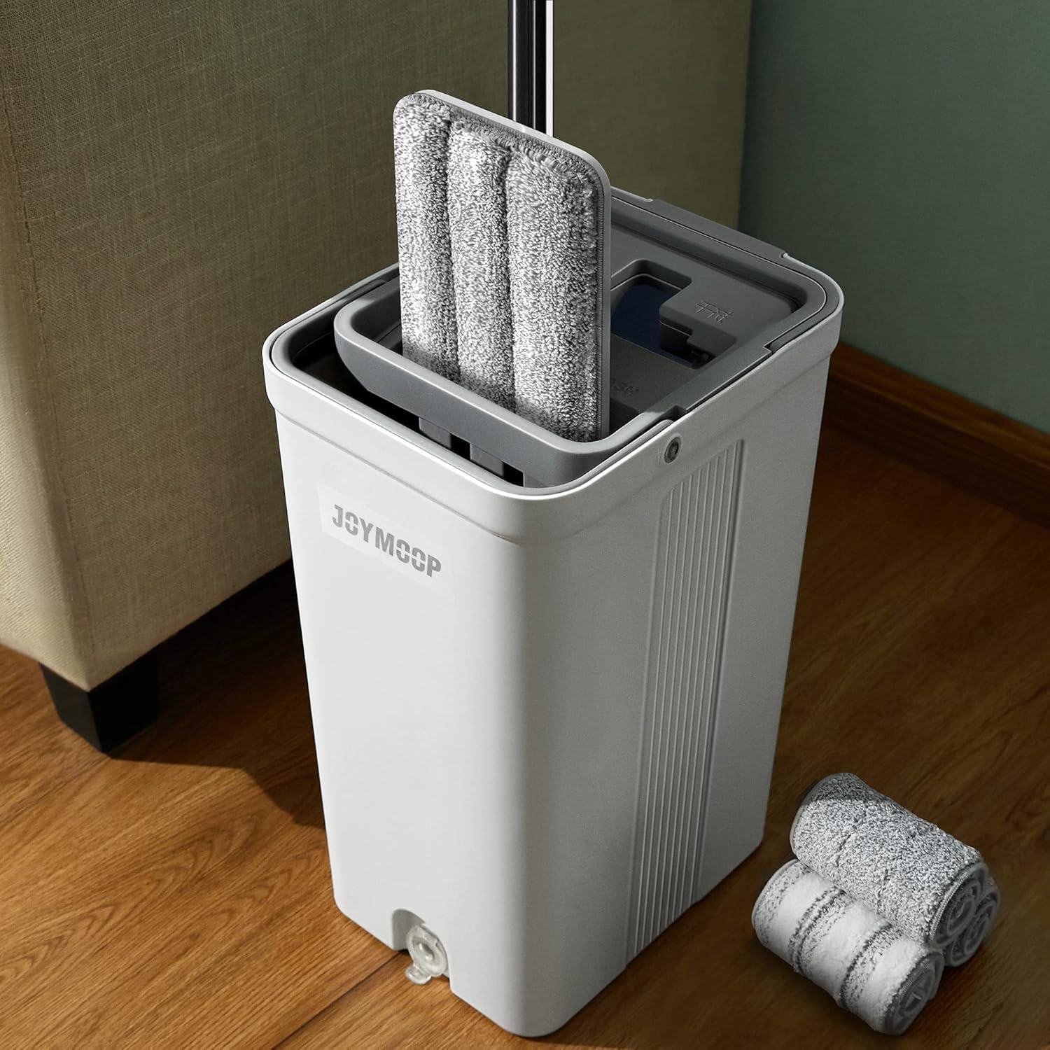 JOYMOOP Squeeze Flat Floor Mop and Bucket Set with 3 Microfiber Mop Pads Refills Easy Self-Wringing Cleaning Mop Bucket, Wet and Dry Mopping Hardwood, Laminate, Tile: Kitchen & Dining