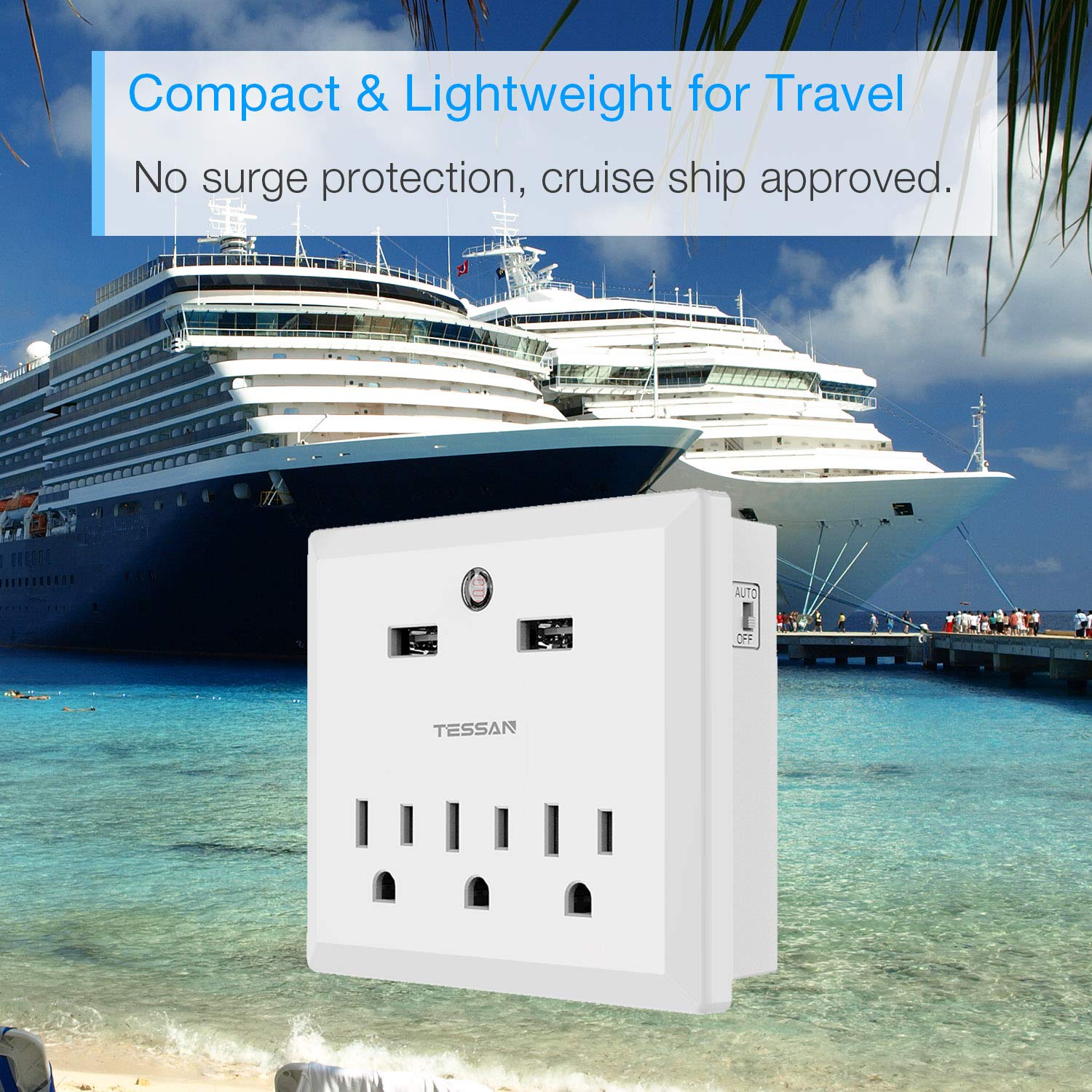 TESSAN Wall Mount 3 AC Outlets with 2 USB + 1 Type-C Port (Total 5A/25W) and Auto Sensor LED Night Light, Fireproof Safety and Fast Charging, Power Rating 1875W