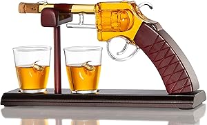 Gun Whiskey Decanter By The Diamond Glassware | Comes With A Set Of 2 Bullet Glasses & Mahogany Wooden Base | Decanter Set, Perfect For Whiskey, Bourbon, Scotch, Liquor| Great Gift For Him | 100ml