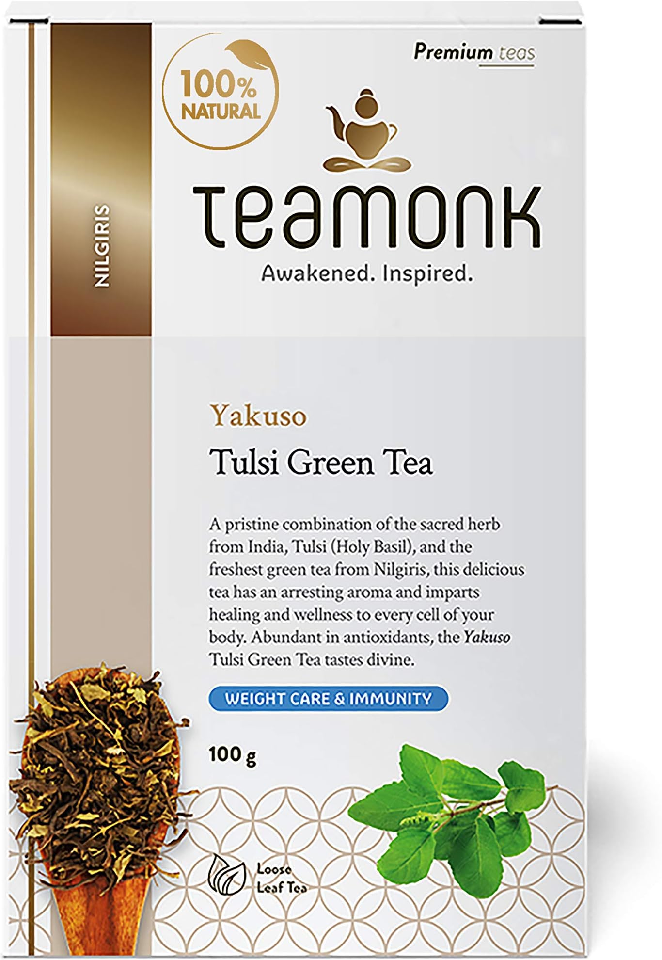 Teamonk Yakuso Holy Basil Tulsi Green Tea Loose Leaf (50 Cups) | Tulsi Tea Leaves for Weight Loss | Slimming Loose Leaf Tea | Ayurvedic Holy Basil Tea | 100 % Pure Natural Tulsi Tea | No additives-3.5 oz