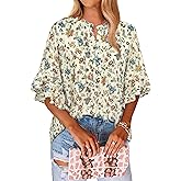 LOOKBOHO Women's 3/4 Sleeve Tops Dressy Casual V Neck Ruffle Sleeve Chiffon Blouses Shirts