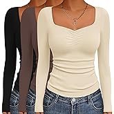 Ekouaer 3 Packs Womens Long Sleeve Tops Sweetheart Neck Fitted Shirts Basic Layering Tee Soft Undershirts Fall Outfits