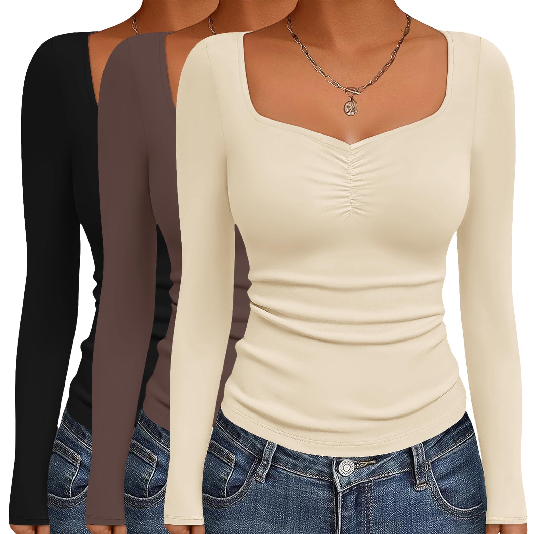 Photo 1 of **Only one** Ekouaer 3 Packs Womens Long Sleeve T Shirts Fall Fashion Sweetheart Neck Going Out Tops Slim Fitted Underscrub Black/Brown/Beige (3pcs) L