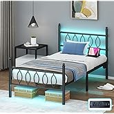 Samurbex Twin Size Bed Frame with Headboard,Black Metal Platform Bed Frame Twin Size with Charging Station & LED Lights,12-Inch Under Bed Storage,No Box Spring Needed,Noise Free,Easy to Assemble