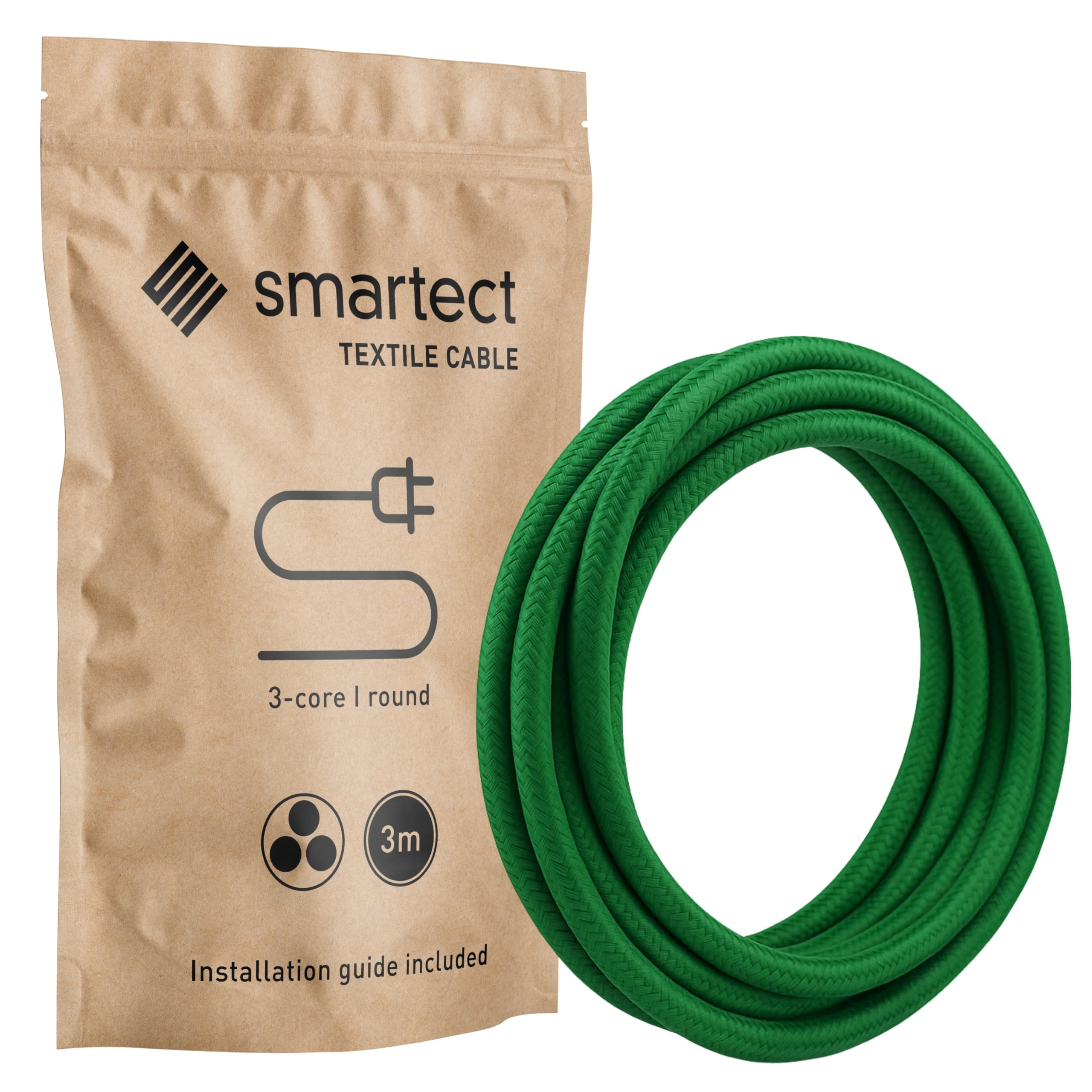 smartect Braided Cable, Green, 3 Metres 3 Core Electrical Cable (3 x 0.75mm²) Vintage Fabric Electrical Wire for your DIY project — image 1