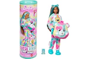 Barbie Cutie Reveal Care Bears Doll & Accessories, Series 2 Good Vibes Bear with 10 Surprises Including Color Change & Mini B