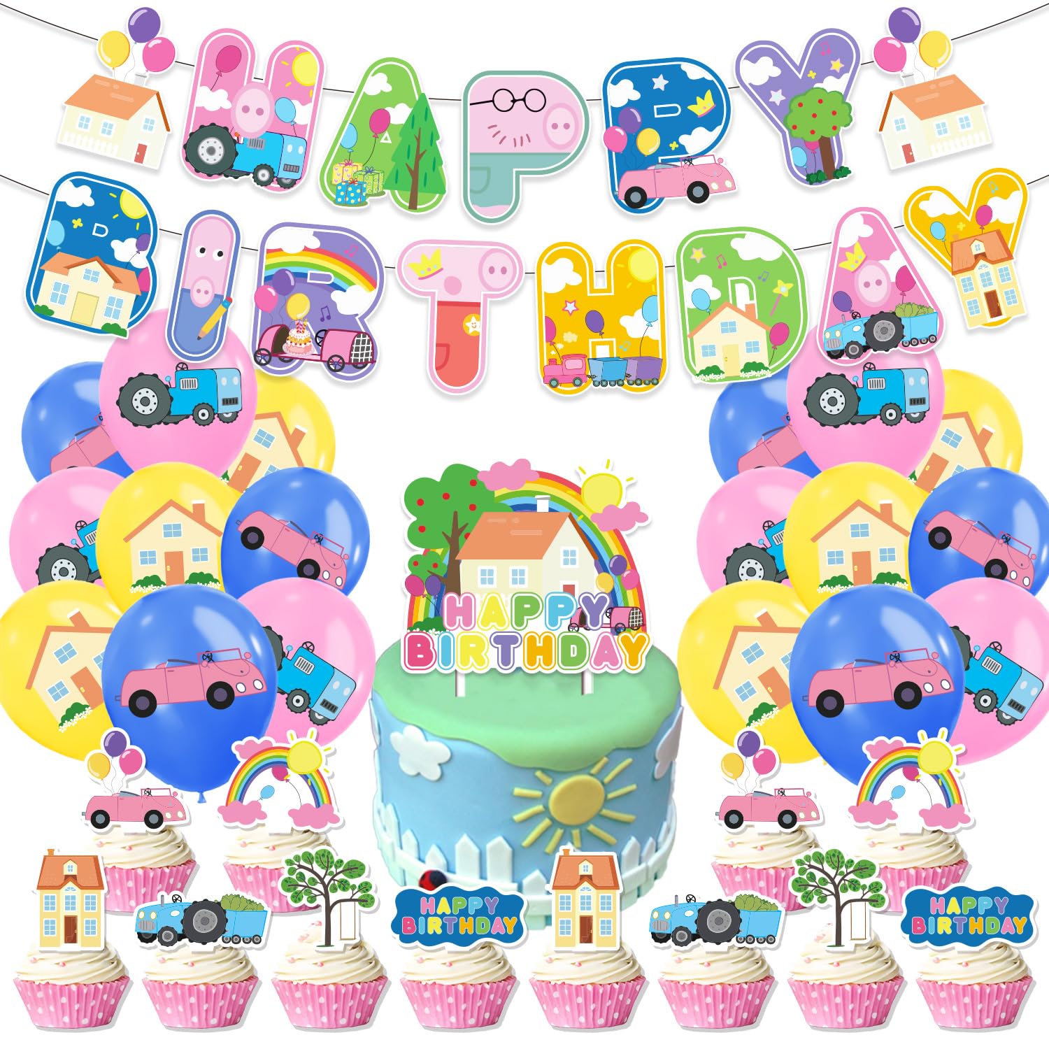 Photo 1 of Pink Pig Birthday Party Supplies,Birthday Banner Cake Toppers Balloons,Pink Pig Theme Party Decorations