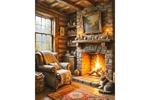 Paint by Numbers Adult Kit Beginner Fireplace, Adult Paint by Number Kits on Canvas, Log Cabin DIY Acrylic Oil Painting by Nu