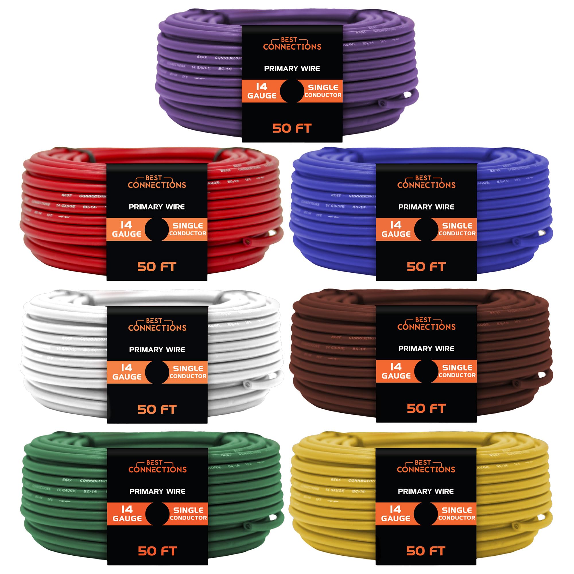 Best Connections Trailer Light Cable Wiring Harness 50 ft Spools 14 Gauge 7 Wire 7 Colours by Audiopipe