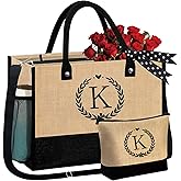 GhvyenntteS Gifts for Women - Initial Jute Tote Bag & Makeup Bag, Valentines Day Gifts for Her Teacher Mom Wife Friend Birthday