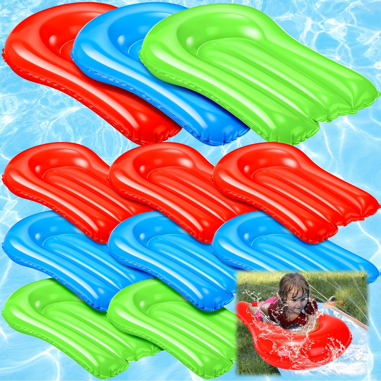 Photo 1 of Blueweenly 9 Pcs Inflatable Body Boards for Water Slides, Pool Slide Inflatable Surfboard 21.2 x 15 Inch Portable Surf Boards for Kids Garden Lawn Water Slide Accessories(Blue Red Green)