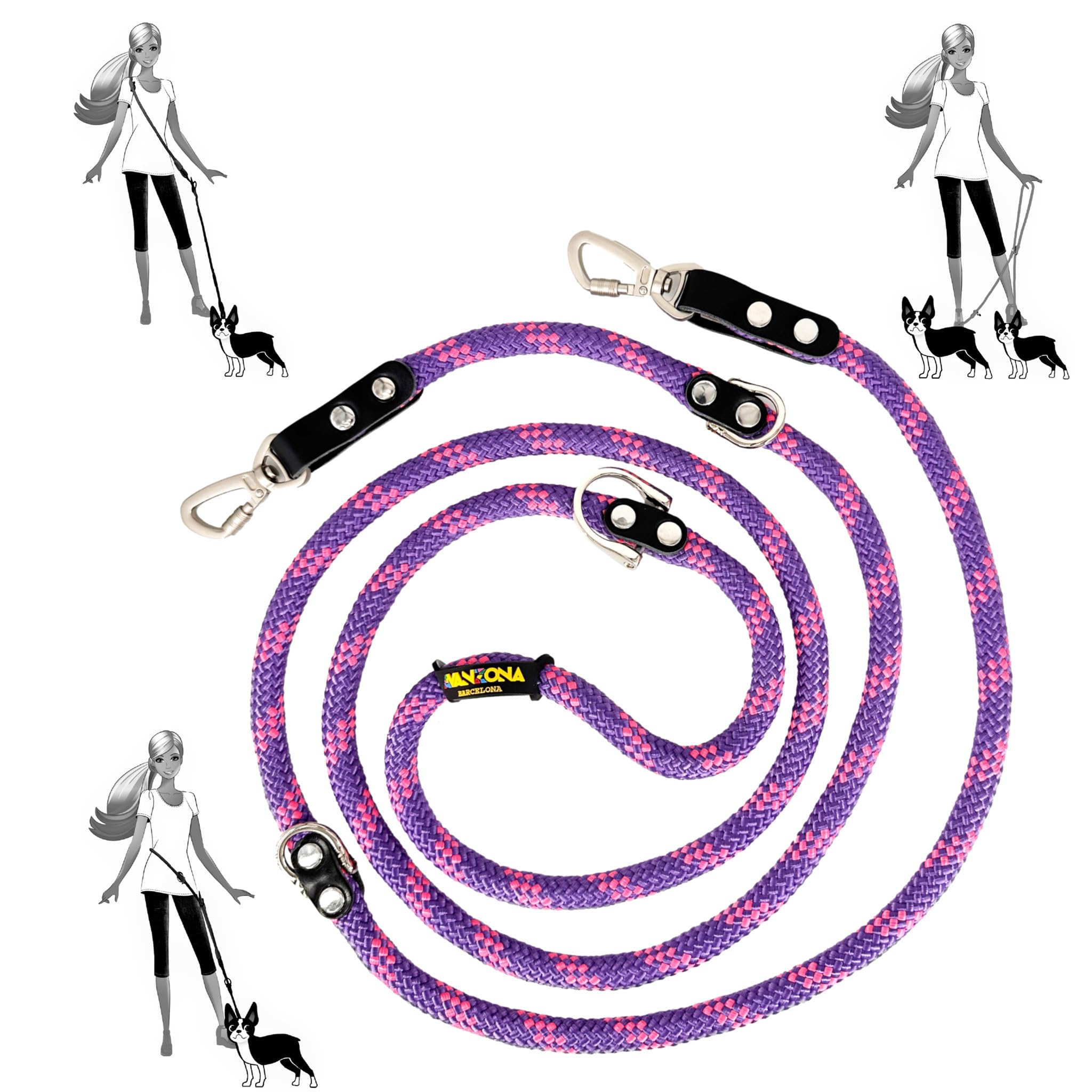 Hands Free Dog Lead. Double Ended, MultiFunction, Multiposition, for 2 Dogs, Small Medium Large. Rope and Leather, Made in Spain. Violet Pink & Black. — image 1