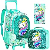 AGSDON 3PCS Rolling Backpack for Girls Boys, Kids Roller Wheels Bookbag, Wheeled School Bag with Lunch Bag