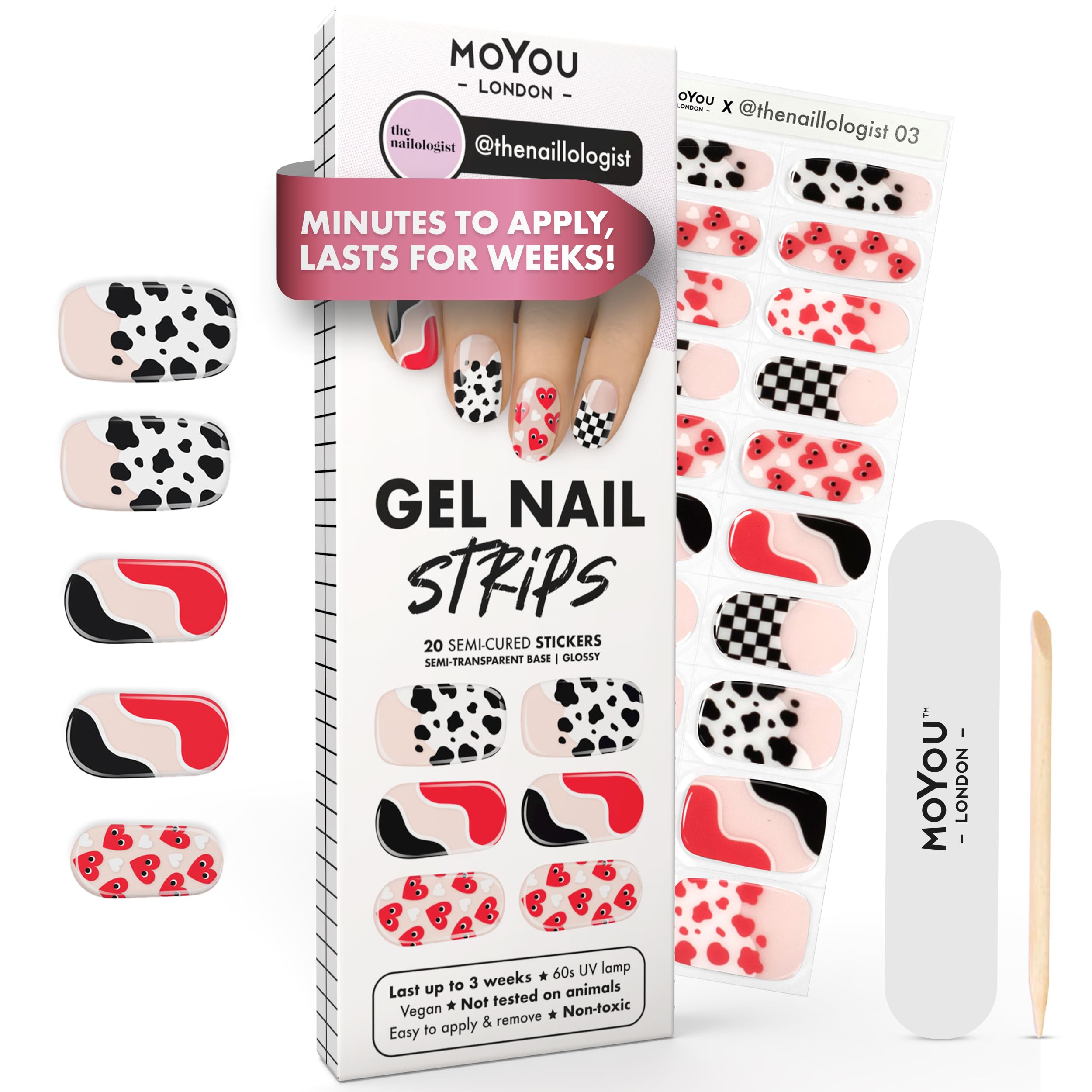 MOYOU LONDON Semi Cured Gel Nail Strips - 20 Pcs. Waterproof Gel Nail Wraps, Cures in Sunlight or UV/LED Lamp, Lasts Up to 2+ Weeks, Stretchable, Easy to Apply & Remove, Vegan & Cruelty-Free