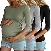 Riyiper 3 Pack Women's Maternity Shirts, 3/4 Sleeve Crew Neck Pregnancy Tee Tops Side Ruched Casual Tunic Pregnant T Shirts