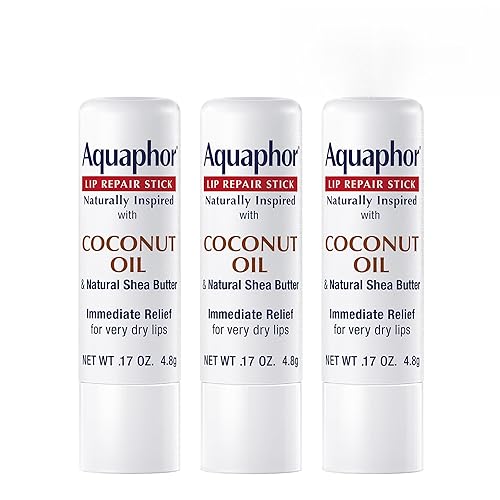 Aquaphor Naturally Inspired Lip Repair Stick with Coconut Oil and Natural Shea Butter, Hydrating Lip Balm Immediately Relieves Dryness and Soothes Chapped Lips, 0.17 Oz Stick, Pack of 3