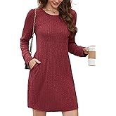 ENMAIN Women’s Long Sleeve Knit Layering Dress, Slim Fit Crew Neck Basic A-Line T-Shirt Dress with Pockets, Spring Fall
