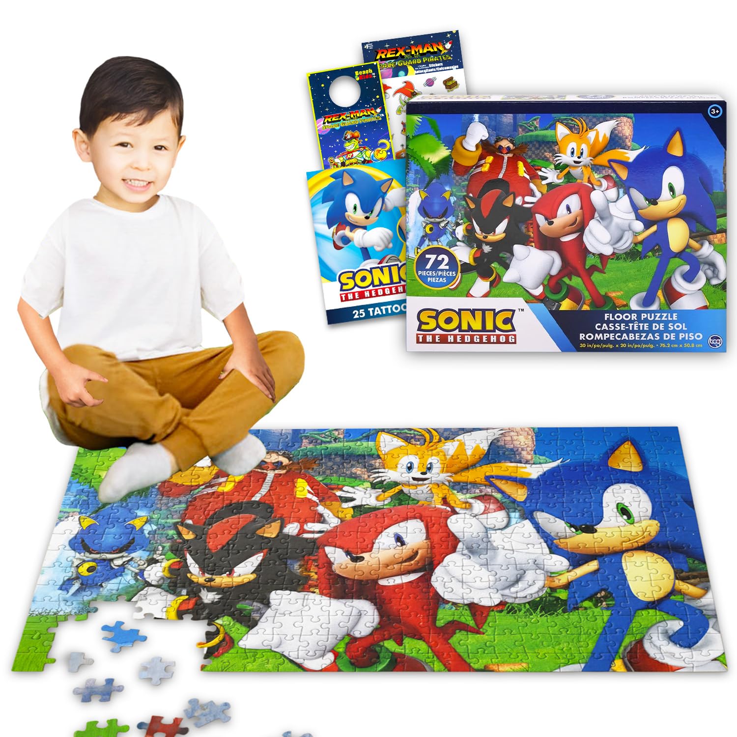Sonic the Hedgehog Floor Puzzle for Kids Set - Bundle of 72 Piece Sonic Floor Puzzle, Stickers, Tattoos, More | Sonic Jigsaw Puzzles for Kids Ages 5+