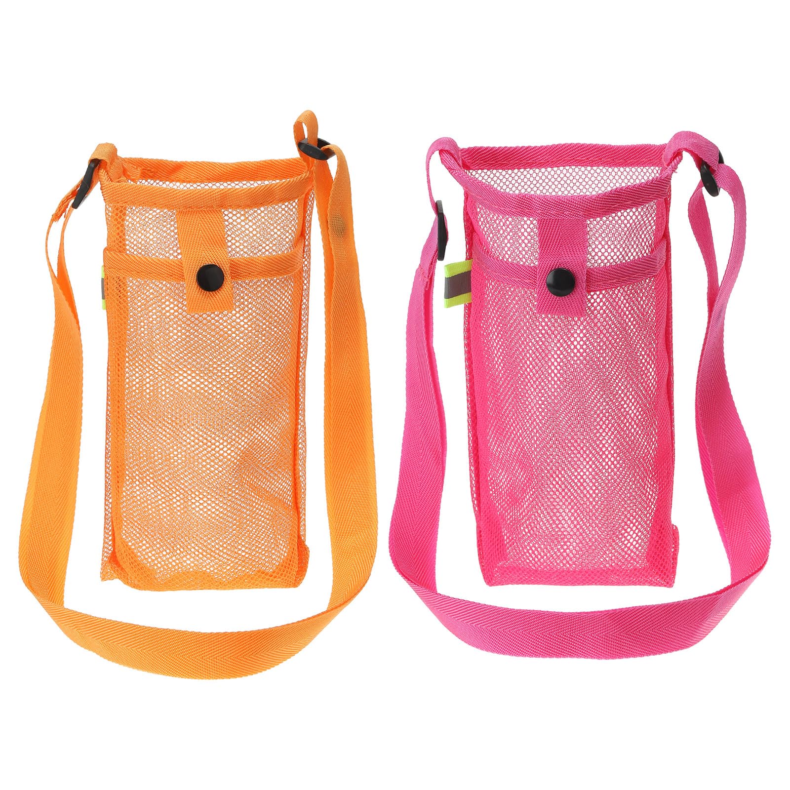 PATIKIL 22mmx13mm Water Bottle Bag, 2 Pack Mesh Portable Bottle Holder Carrier Adjustable Shoulder Strap for Sports Hiking Camping, Orange Rose Red