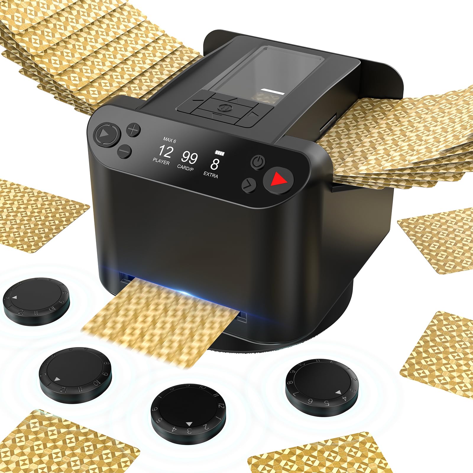 Yorenson Automatic Card Shuffler and Dealer with 4 Drawing remotes,3-in-1 Card Shuffler Machine for 12 Players,360°/180° Deal,Rechargeable,Ultra Quiet,for Poker,UNO,Phase 10,Skip-Bo,Texas Hold'em