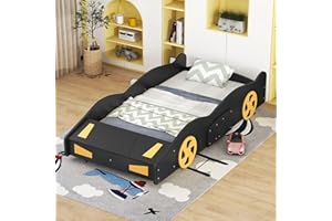 Brisca Twin Size Race Car-Shaped Platform Bed with Wheels,Solid Wood Bed Frame W/Storage,No Box Spring Required,for Bedroom,Apartment,Guest Room,Black+Yellow