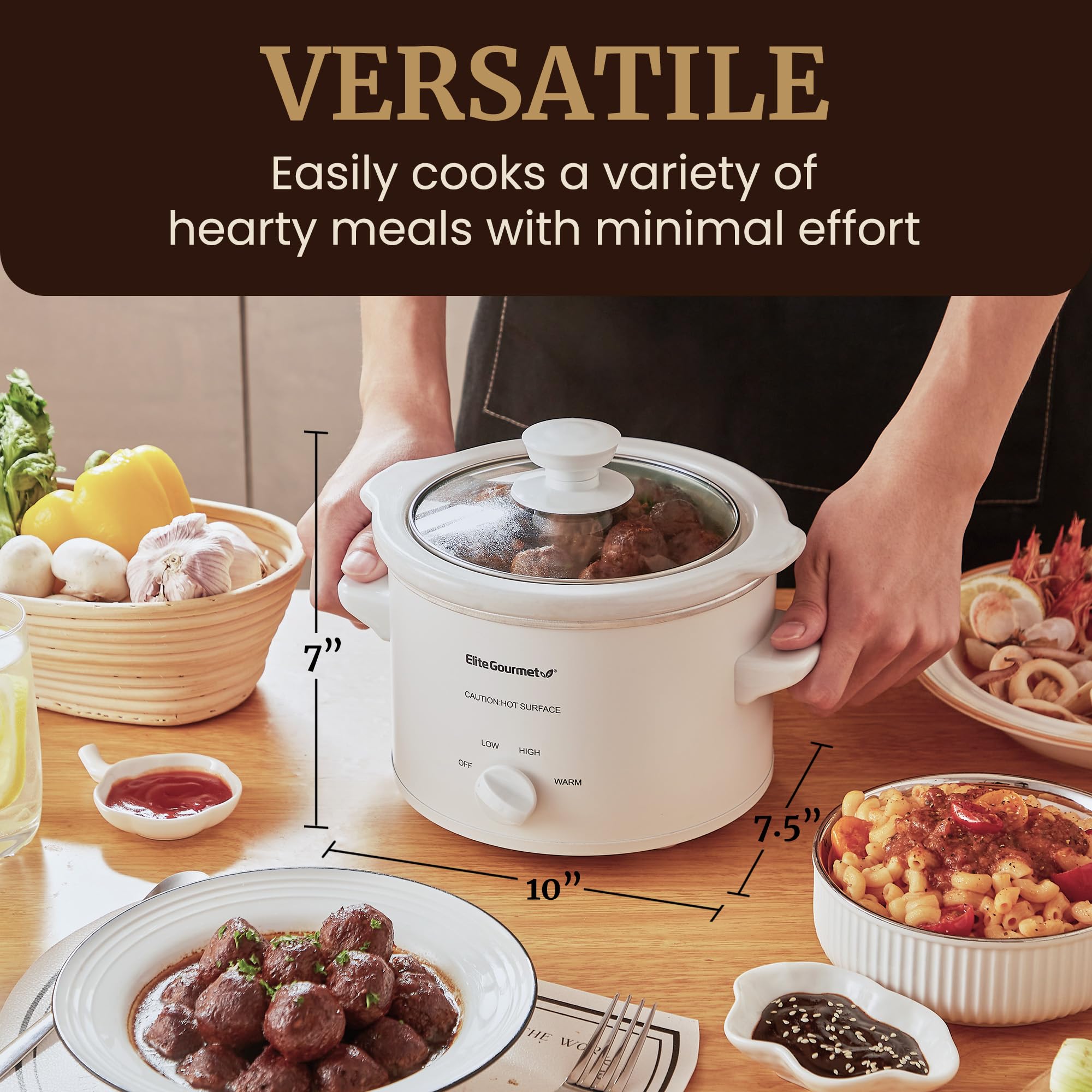 Elite Gourmet MST-250XW# Electric Slow Cooker Ceramic Pot, with Adjustable Temp, Entrees, Sauces, Soups, Roasts, Stews & Dips, Dishwasher Safe (1.5 Quart, White)