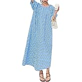 chouyatou Women's Casual Gingham Loose-Fit Swing Dress Cotton Lantern Puff Sleeve Plaid Midi Long Dress