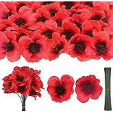 FIONUPI Set of 150 Red Poppy Artificial Flowers Fake Flowers Poppies Head Fake Wildflowers with 6 Inch Flower Branch for Memorial Veterans Day Remembrance Sunday Bouquet Corsages Home Kitchen Decor