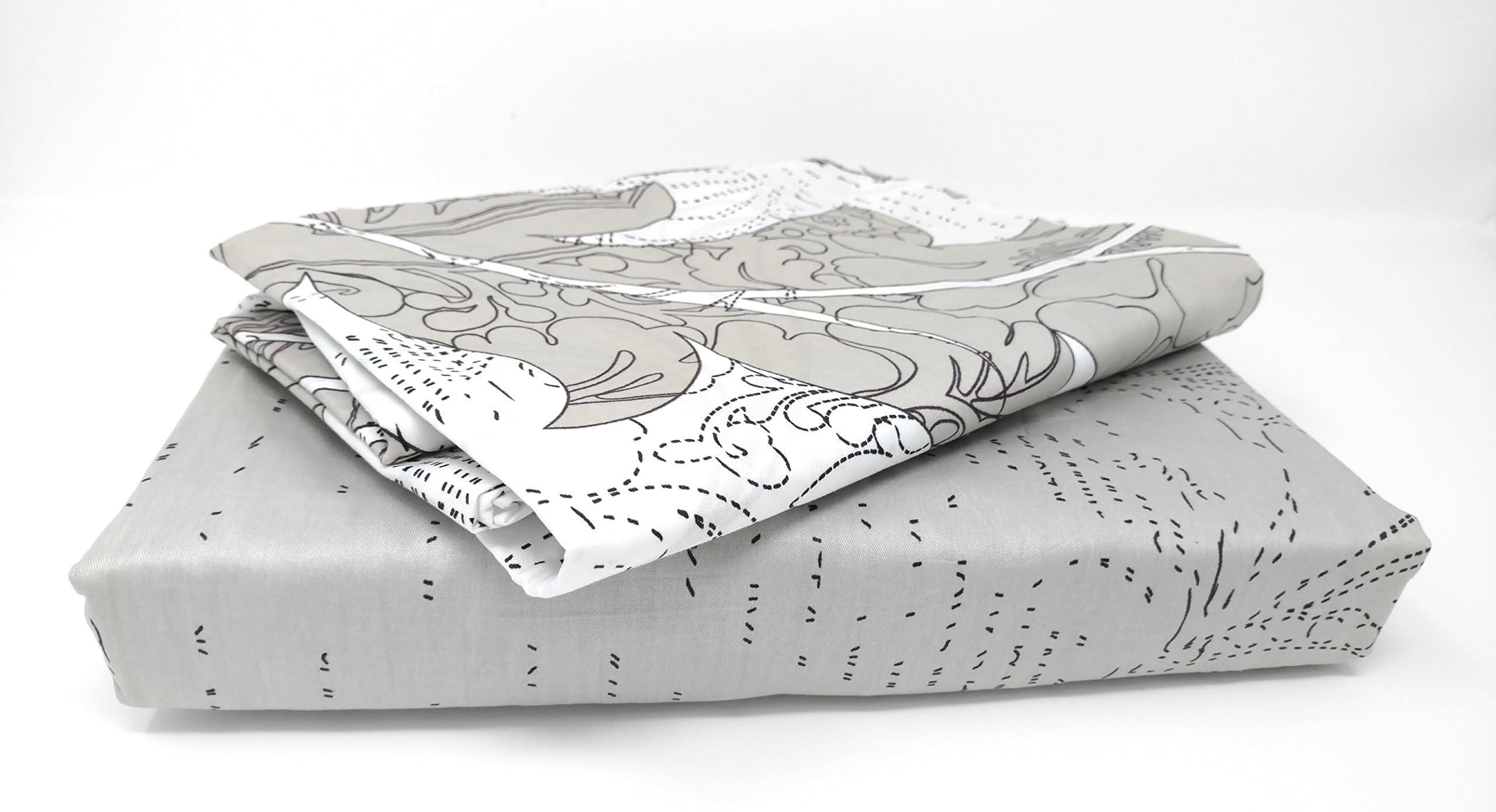 DaDa Bedding Fitted and Flat Sheets - Floral Leaves w/Pillow Cases Set - Cotton Neutral White Multi Grey - Full - 4…
