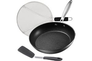 Belwares Nonstick Frying Pan with Spatula & Splatter Screen – 10 Inch Egg Frying Pan Non Stick – Lightweight Aluminum Skillet – Hard-Anodized Fry Pan with Grease Splatter Guard