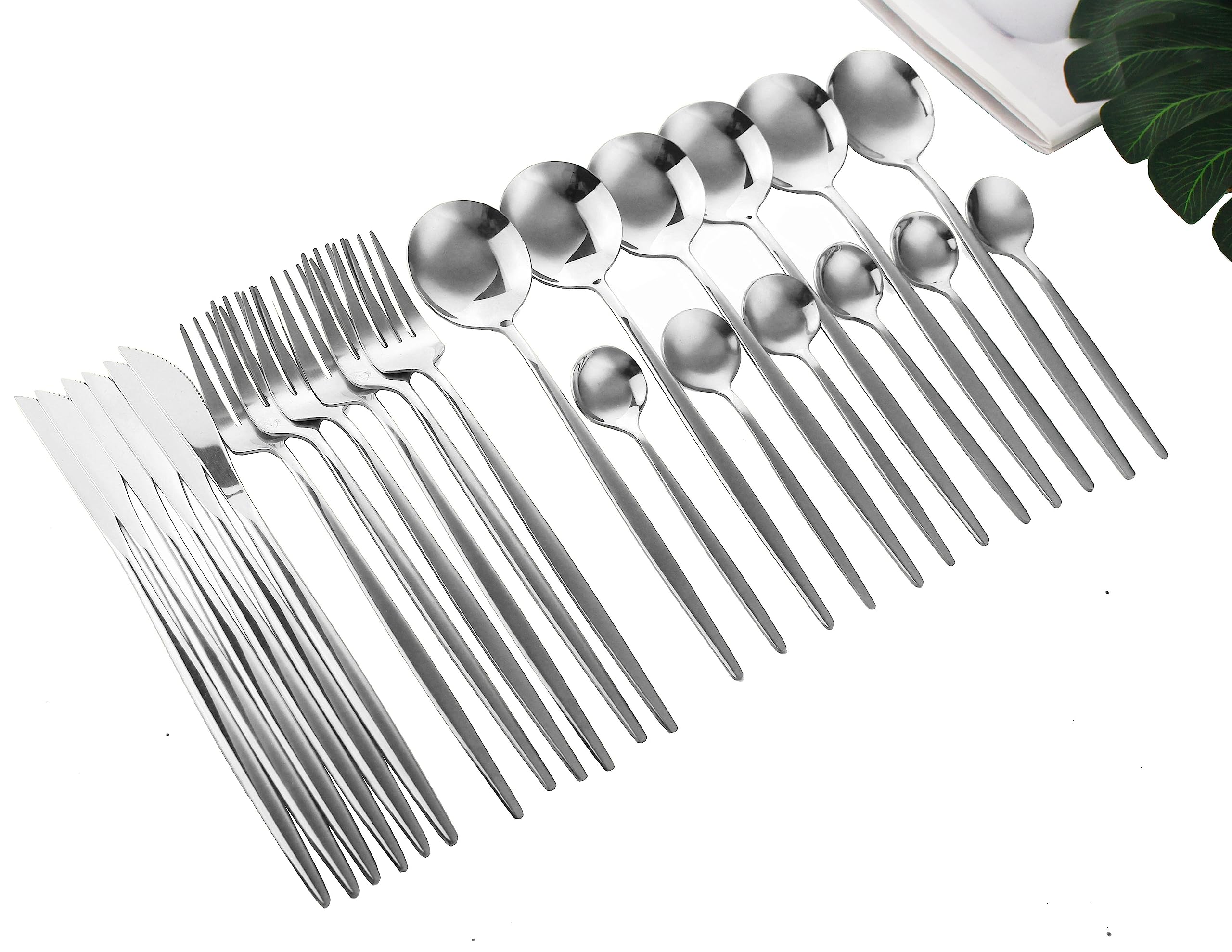 Photo 1 of Dnalrhoi 24-Piece Silver Korean Silverware Sets Mirror Polished Stainless Steel Modern Flatware Cutlery Set Service for 6 Including Forks Spoons Knives Kitchen(Silver)