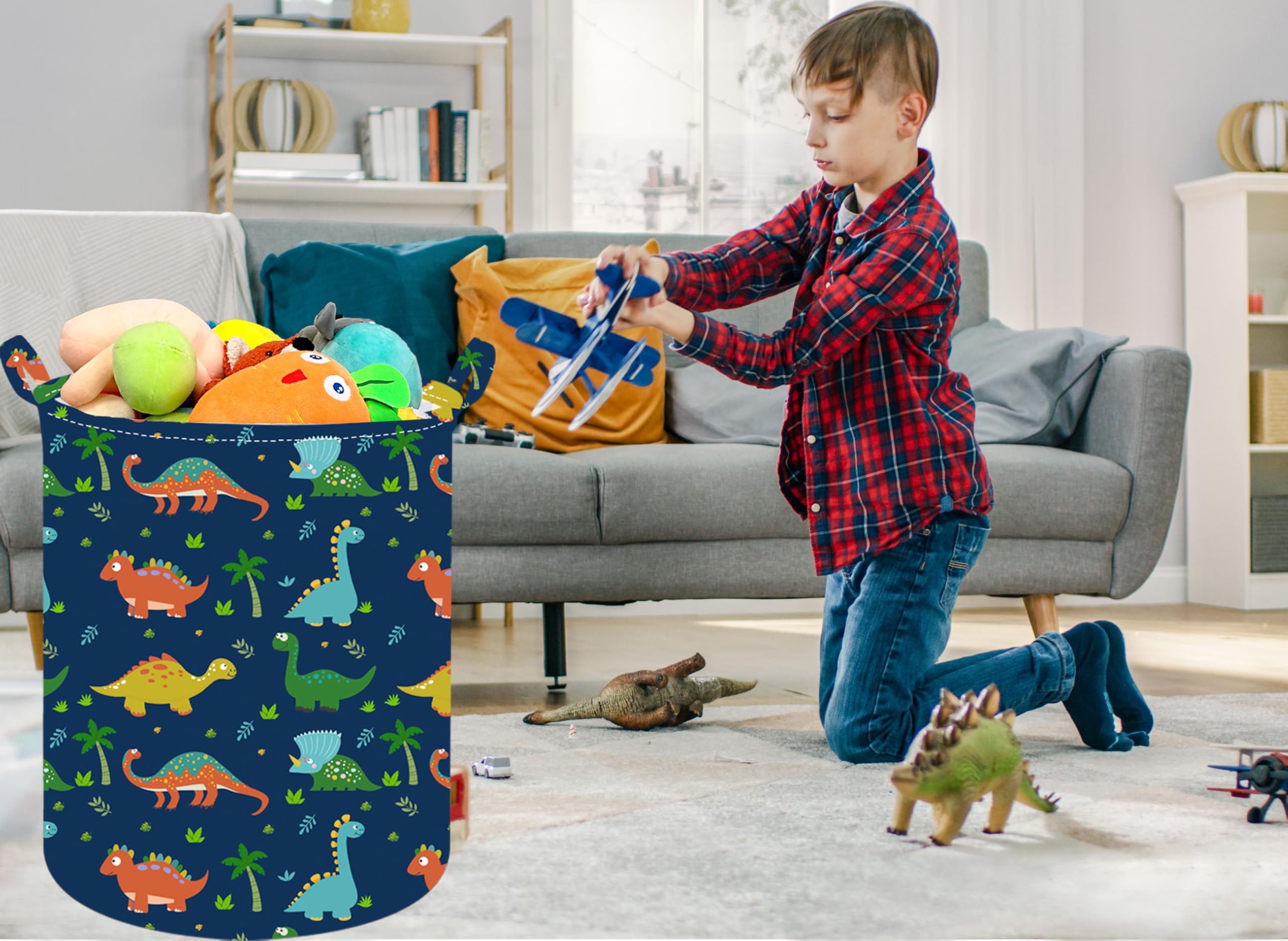 19.7 Inch Dinosaur Round Kids Laundry Clothes Hamper Dino Laundry Basket with Handles,Baby Toys Storage Organizer Bins Laundry Gift Basket for Boys and Girls Room, Bedroom Decor