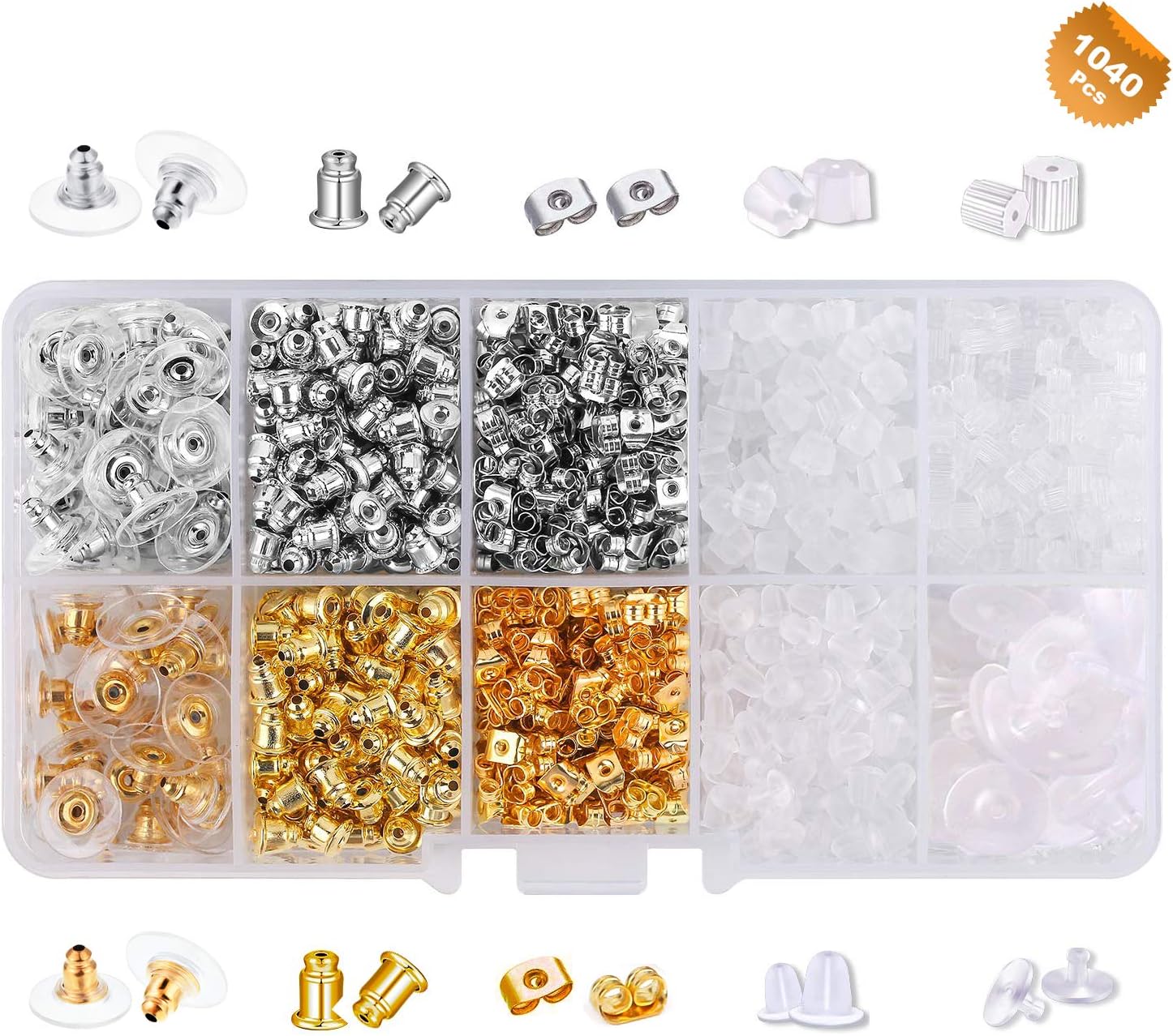EuTengHao 1040Pcs Earring Backs Kit with 10 Styles Earring Backing Clutch Safety Earring Pad Including Mini Flower Tube Shape Silver Butterfly Bullet Shape Rubber Bullet Clutch Earring Safety Backs