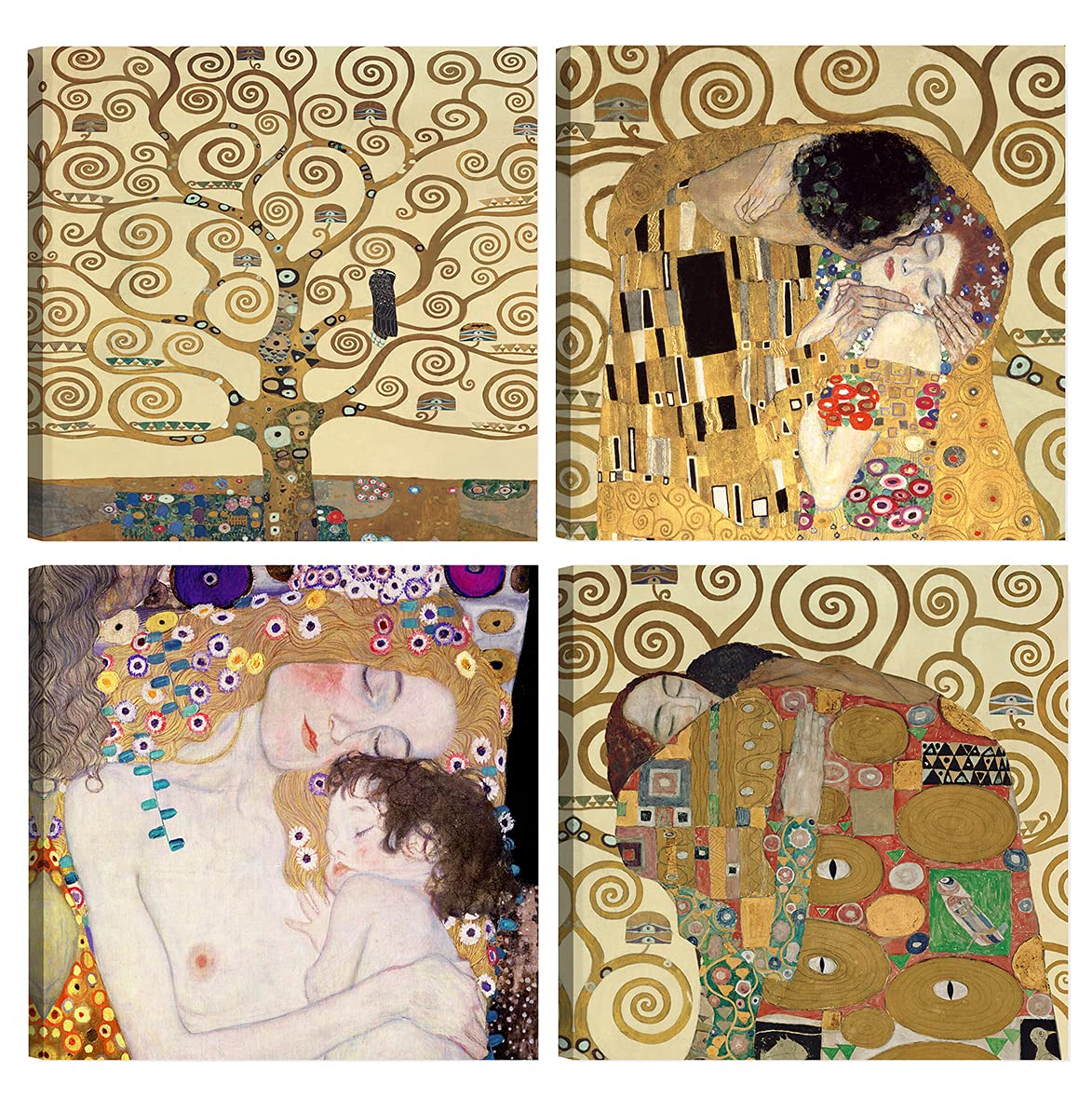 DìMò ART Gustav Klimt Modern Paintings 4 Pieces 30 x 30 cm Each Canvas Print Classic Art Decor for Kitchen, Bedroom, Living Room, Living Room, Bar, Office, Restaurant