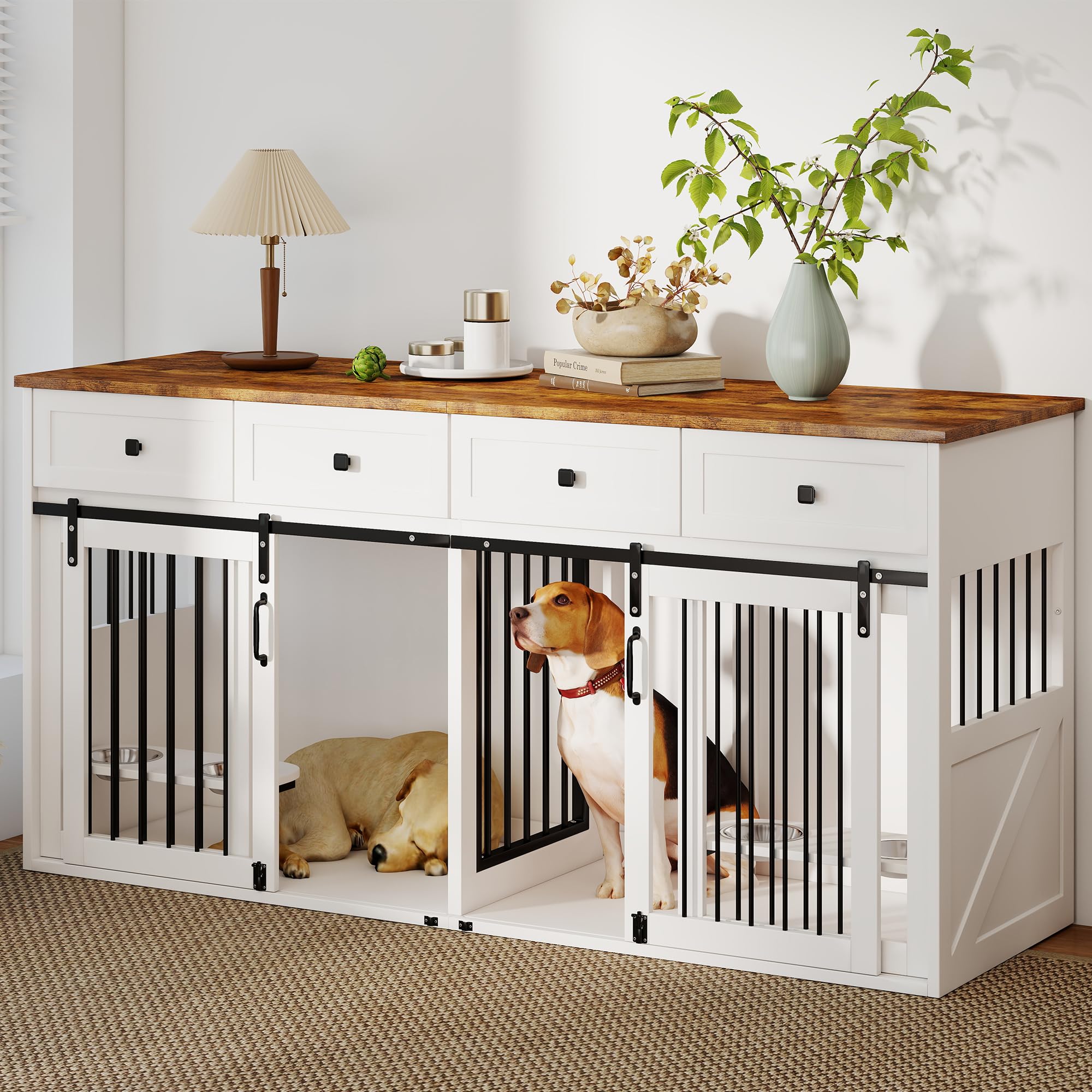 Photo 1 of ***Loose Hardware In Box*** Real Relax 71" Double Dog Crate Furniture, Large Wooden Dog Kennel Furniture with 2 Drawers, Divider and Sliding Door, Indoor Dog House TV Stand for Medium Small Dogs, White