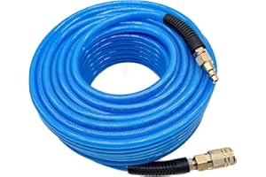 SYXQT Polyurethane(PU) 1/4-Inch x 100FT Reinforced, Air Hose with 1/4” Swivel Industrial Quick Coupler and Plug, Bend Restrictor, Transparent Blue