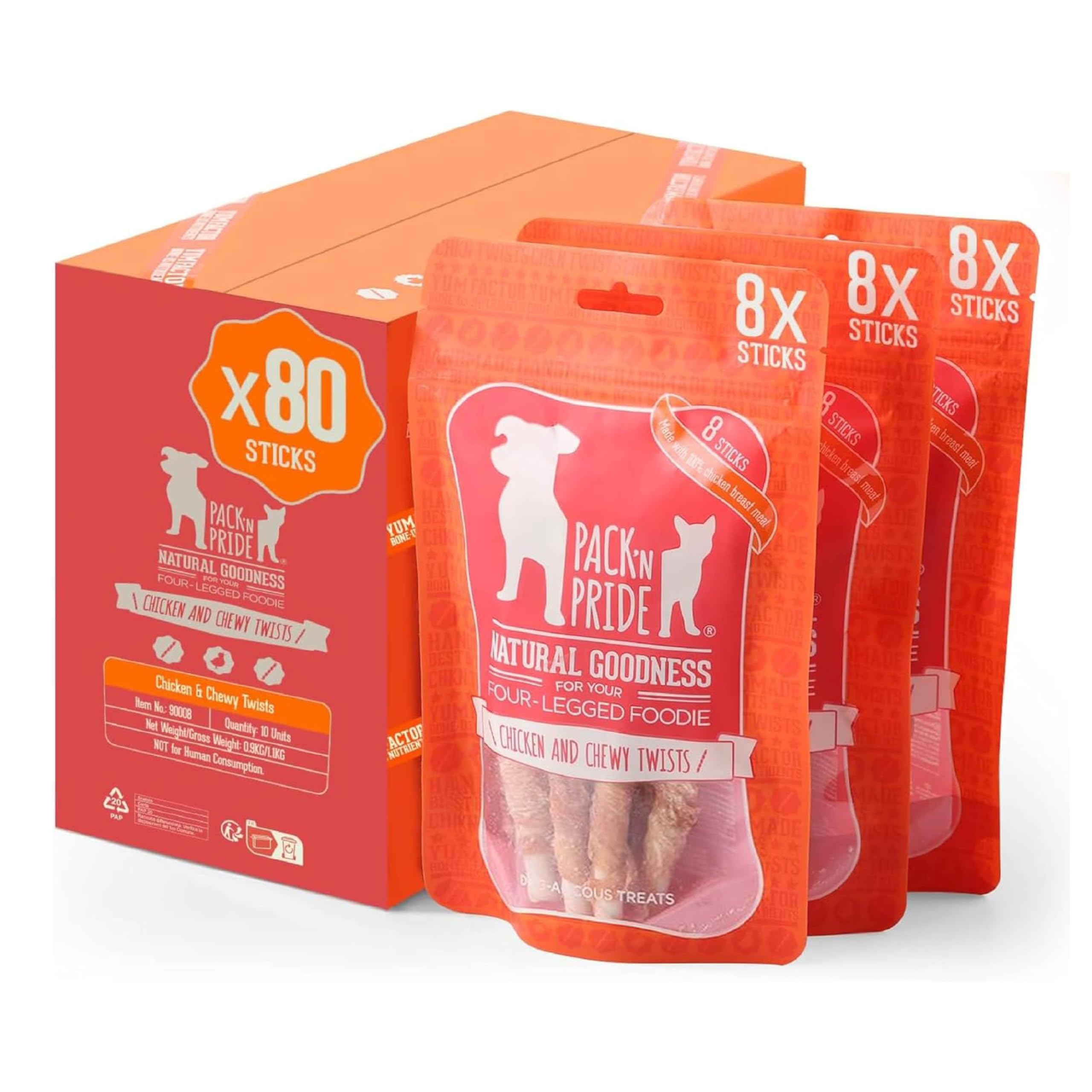 PACK'N PRIDE Dog Treats Chewy Twists, 10 Pack (900g in total) Rawhide Dog Chews with All Chicken, Natural Chicken Breast Meat for Small&Medium&Large Dogs