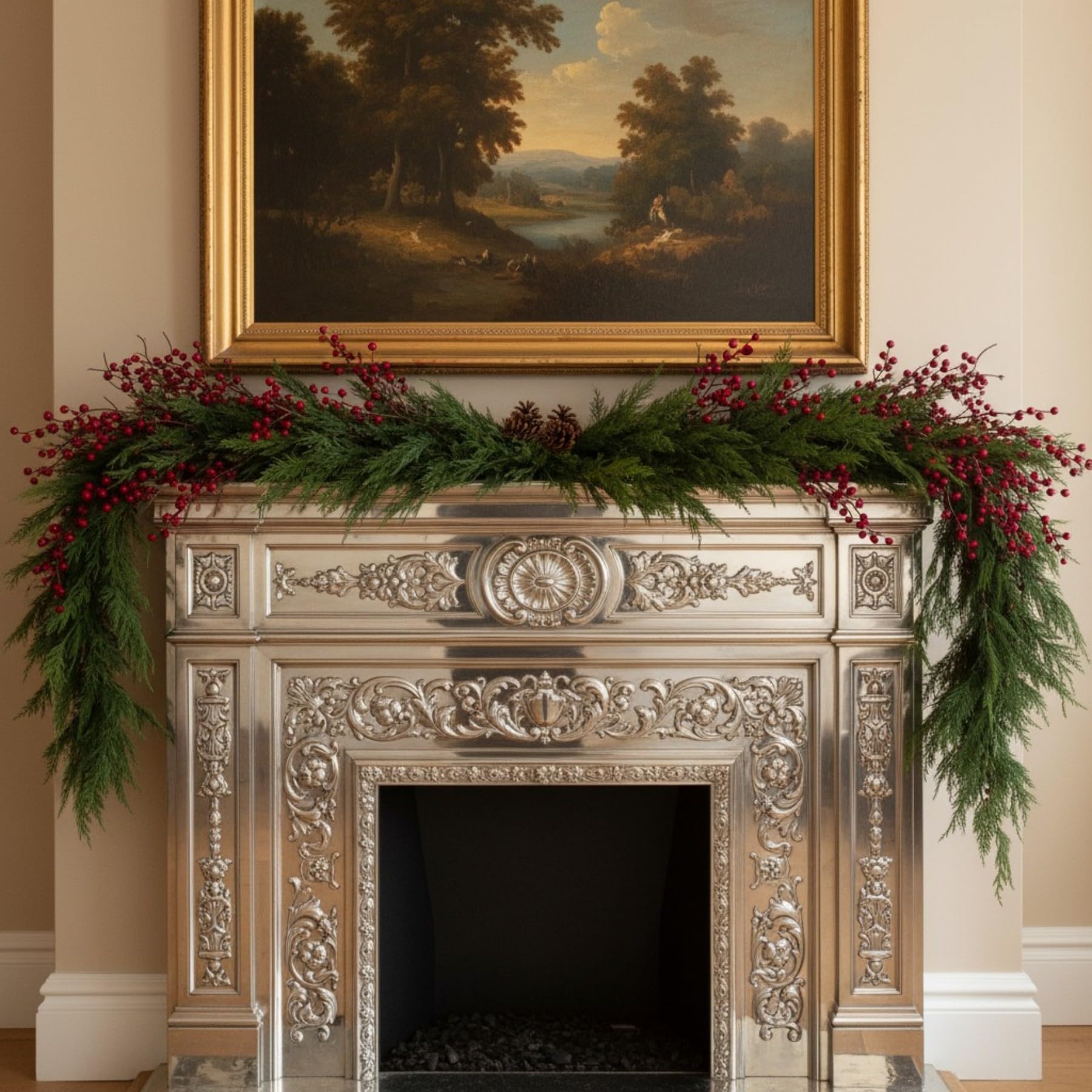 Photo 1 of Giegxin 6 Ft Christmas Norfolk Pine Garland Real Touch Cedar Pine Cypress Garland with Red Berries Cones Artificial Greenery Decoration for Fireplace Mantle Table Winter Christmas Holiday Party