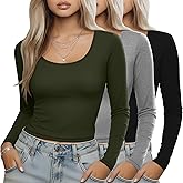 Sweetyweee 3 Pack Women's Long Sleeve Shirts Scoop Neck Slim Fit Tops U-Neck T-Shirts Basic Casual Tee Layer for Ladies