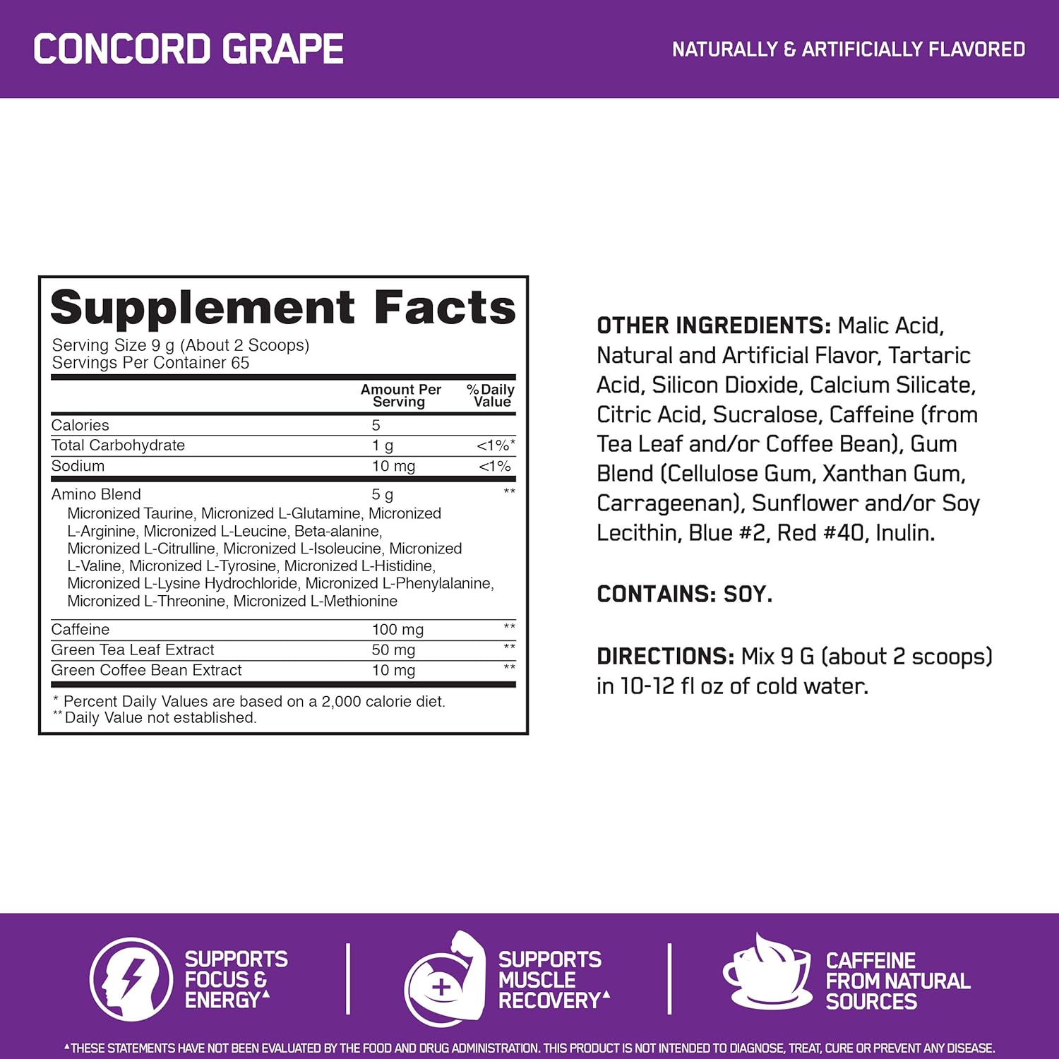Optimum Nutrition Amino Energy - Pre Workout with Green Tea, BCAA, Amino Acids, Keto Friendly, Green Coffee Extract, Energy Powder - Concord Grape, 65 Servings: Health & Personal Care