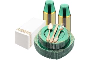 Bestluck 175PCS Clear Green Plastic Plates for 25 Guests, Disposable Plates with Gold Trim include 50 Dinner Plates, 75 Gold Silverware, 25 Cups, 25 Napkins for Easter, Party
