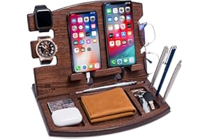 TESLYAR Gifts for Men Wood Phone Docking Station Natural Ash Phone Key Holder Wallet Stand Watch Organizer Men Husband Wife Anniversary Dad Birthday Nightstand Purse Father Graduation Male Gadgets