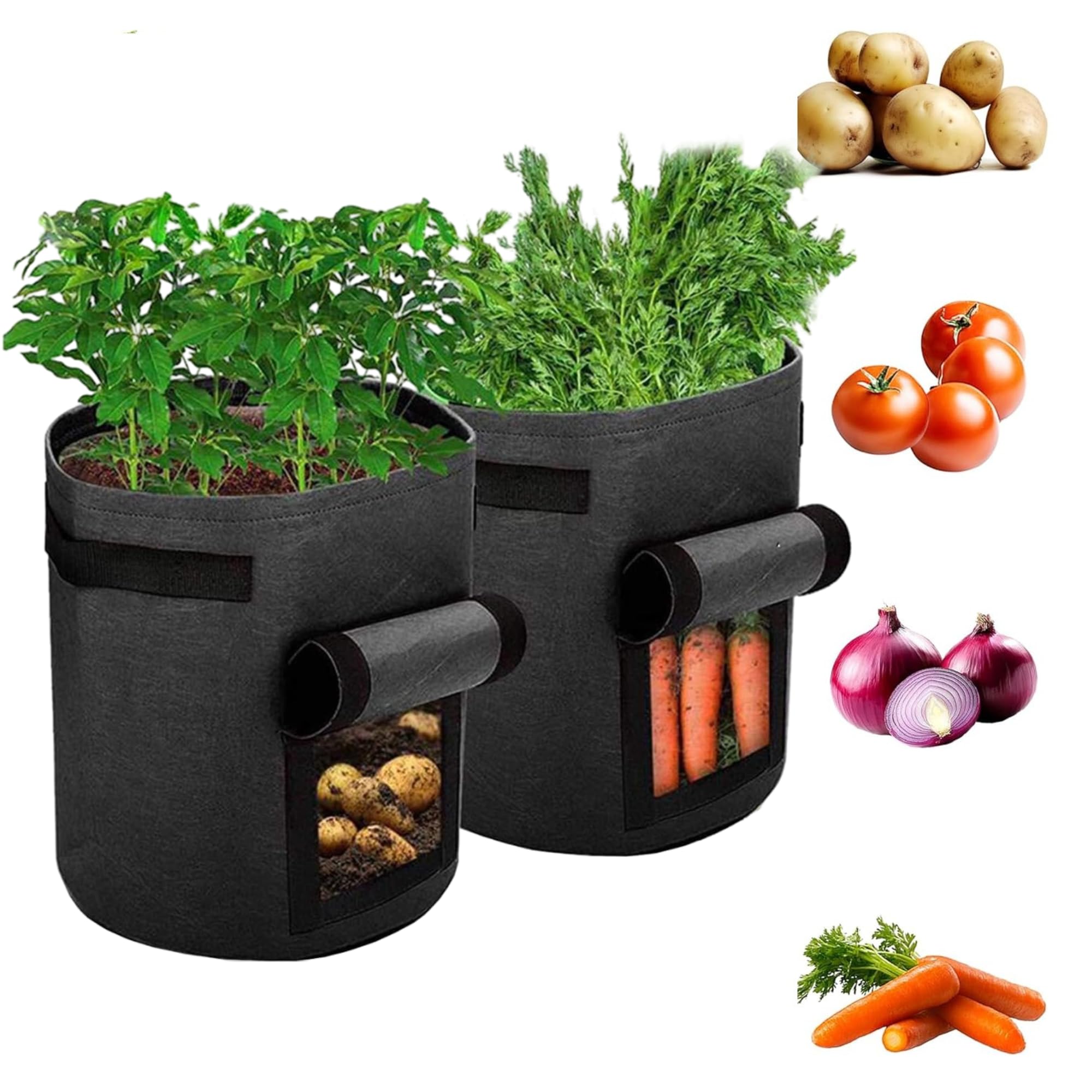 DIVCHI Potato Grow Bags 2 Pack – Potato Growing Bags with Harvest Window & Handles, Reusable Grow Bags for Vegetables, Outdoor Potato Planters Black (10 Gallon)