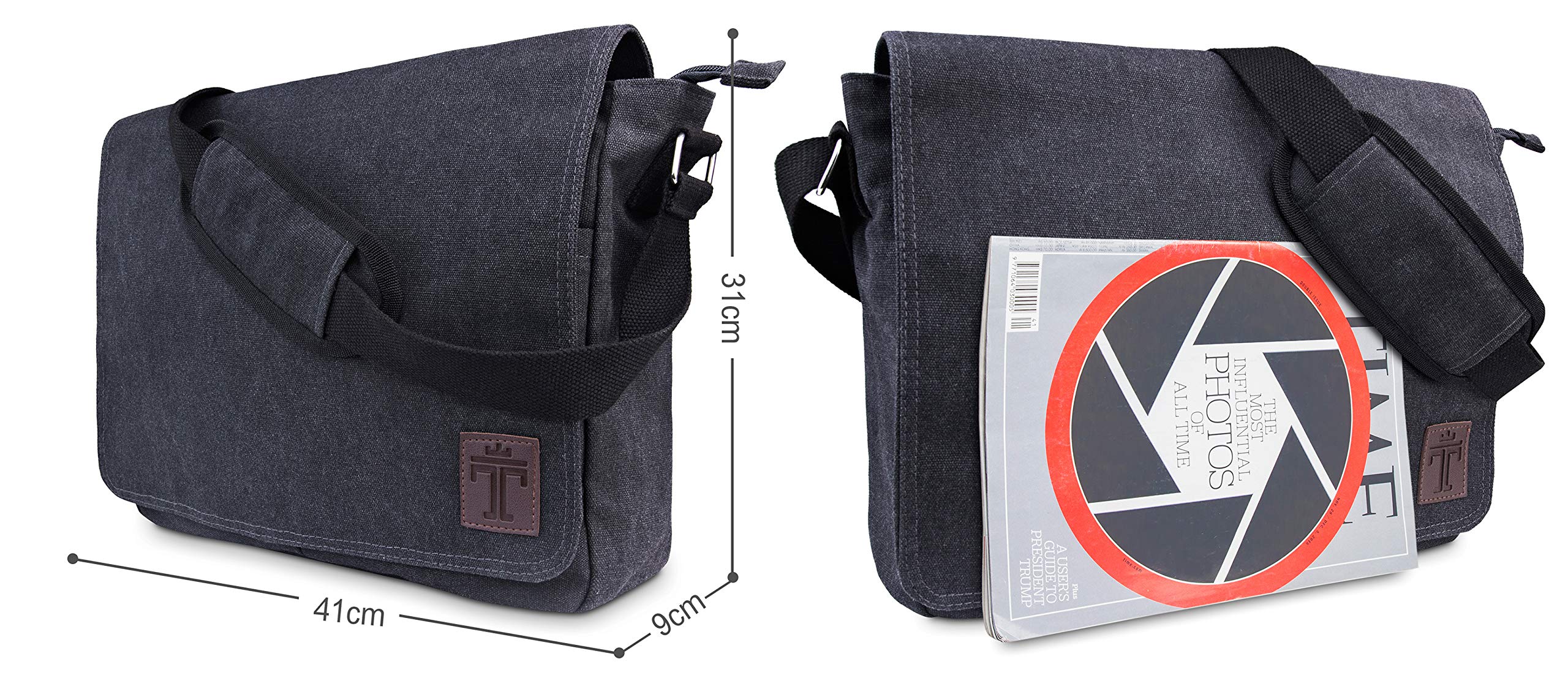 TRAVANDO Laptoptasche 14-16 Zoll Laptop Tasche Herren Umhängetasche Canvas Segeltuch Kuriertasche Messenger Bag Herren für Arbeit Schule Freizeit Notebook Tasche (Schwarz) 4