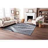 Washable Area Rug 5x7 - Non-Slip Grey & Gold Geometric Rug for Living Room & Bedroom - Stain Resistant, Thin Low Pile Carpet - Modern Abstract Decor, Pet & Kid Friendly